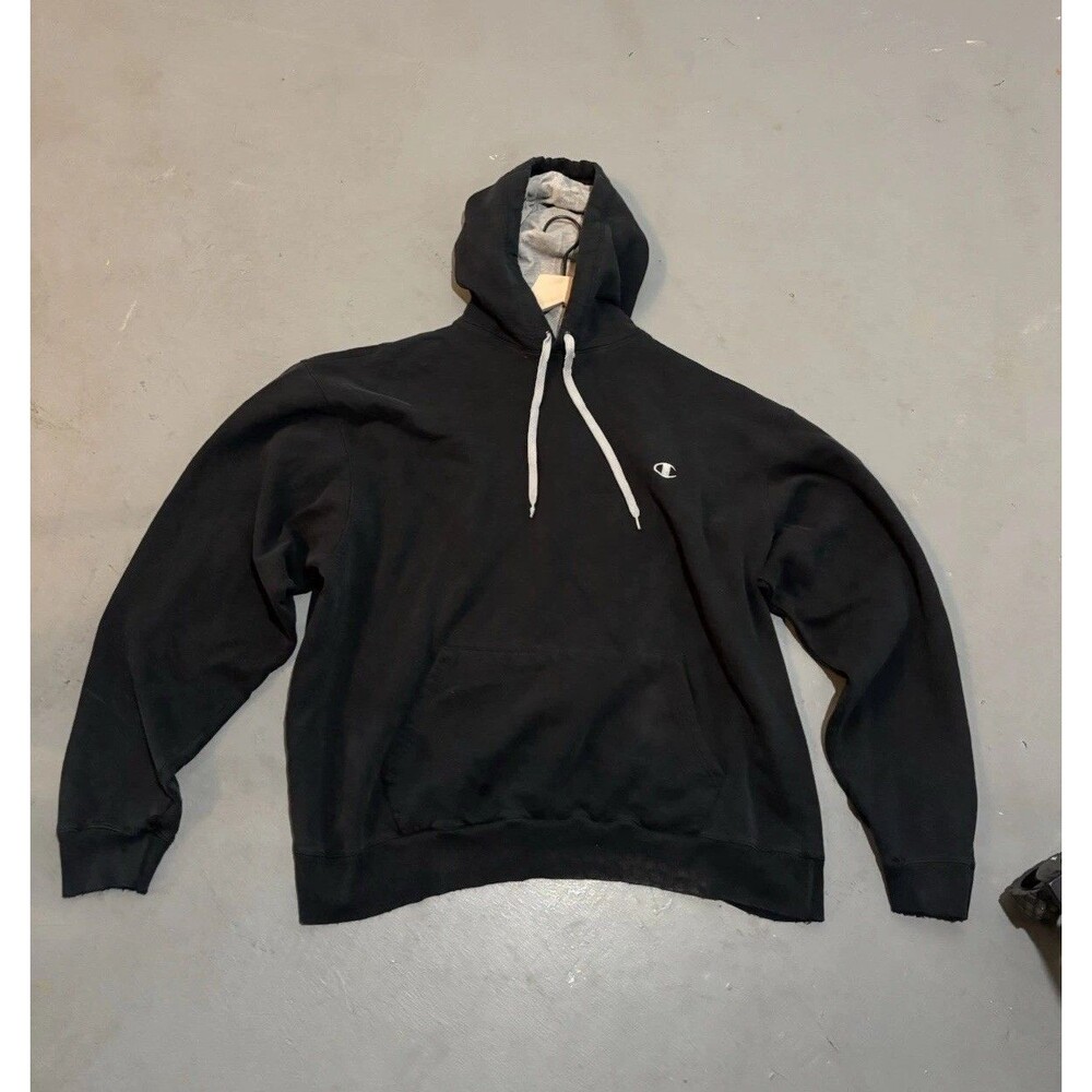 Vintage Champion Mens 2XL Hoodie Reverse Weave Pullover Sweatshirt Black Faded